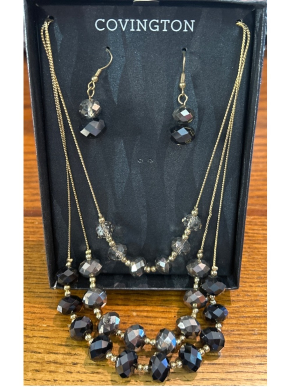 Women's Covington Black gray Beaded Layered Necklace & Earring Set 14” +2” exten